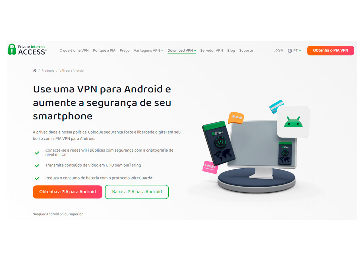 Nessa página é como uma VPN da PIA pode ser instalada no smartphone