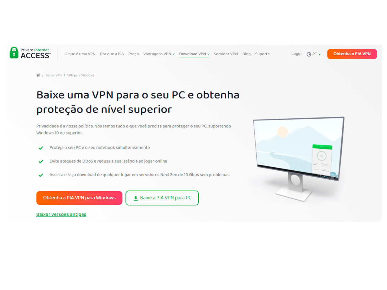 Nessa página é como uma VPN da PIA pode ser instalada no computador